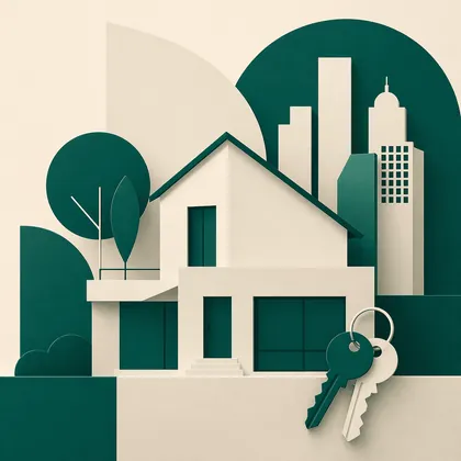 Illustration: Haus mit Garten vor einer Stadtkulisse, dazu ein Schlüssel