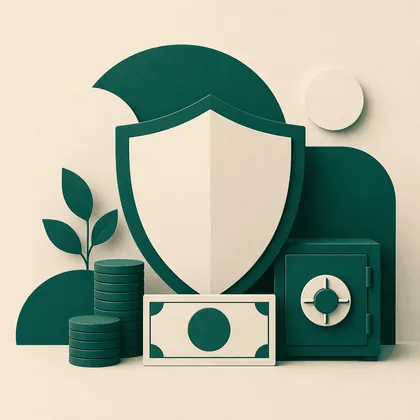 Illustration: Schutzschild, Geldscheine und ein Tresor in den Markenfarben